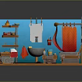 3D Cartoon Bathroom Scene With Colorful Shelves Sink Towels Bathtub Rug And Wooden Floor