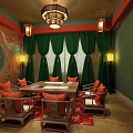 Traditional Chinese Dining Room Interior With Round Table Chairs Green Curtains And Decorative Wall Art