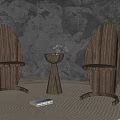 Modern Wooden Leisure Chairs In Living Space With Rock Wall Side Table And Green Plant