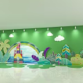 Activity Passage With Green Walls Cartoon Decorations White Floor And Lights