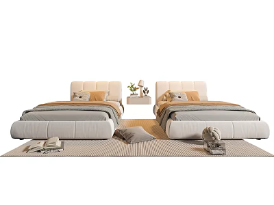 Modern Single Bed Interior With Upholstered Headboard Soft Bedding Pillows And Nightstand Decor 3d model