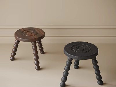 Modern Minimalist Stools With Brown Black Round Tops And Spiral Beaded Legs 3d model