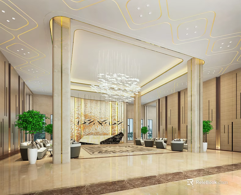 Luxurious Modern Hotel Lobby With Chandelier Columns Green Plants And Sofas 3d model 