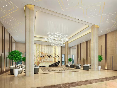 Luxurious Modern Hotel Lobby With Chandelier Columns Green Plants And Sofas 3d model