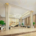 Luxurious Modern Hotel Lobby With Chandelier Columns Green Plants And Sofas