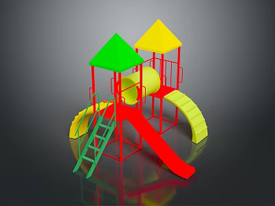 Colorful Playground Structure With Green Yellow Roofs Red Slides And Ladders 3d model