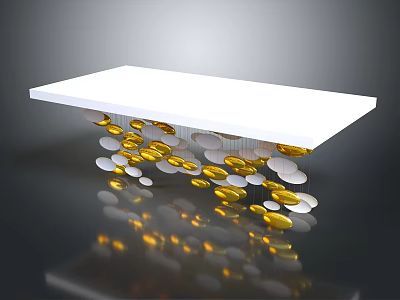 Decorative Ornament Set Featuring Gold Silver Circular Pieces Under White Floating Platform with Reflection 3d model