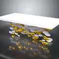 Decorative Ornament Set Featuring Gold Silver Circular Pieces Under White Floating Platform with Reflection