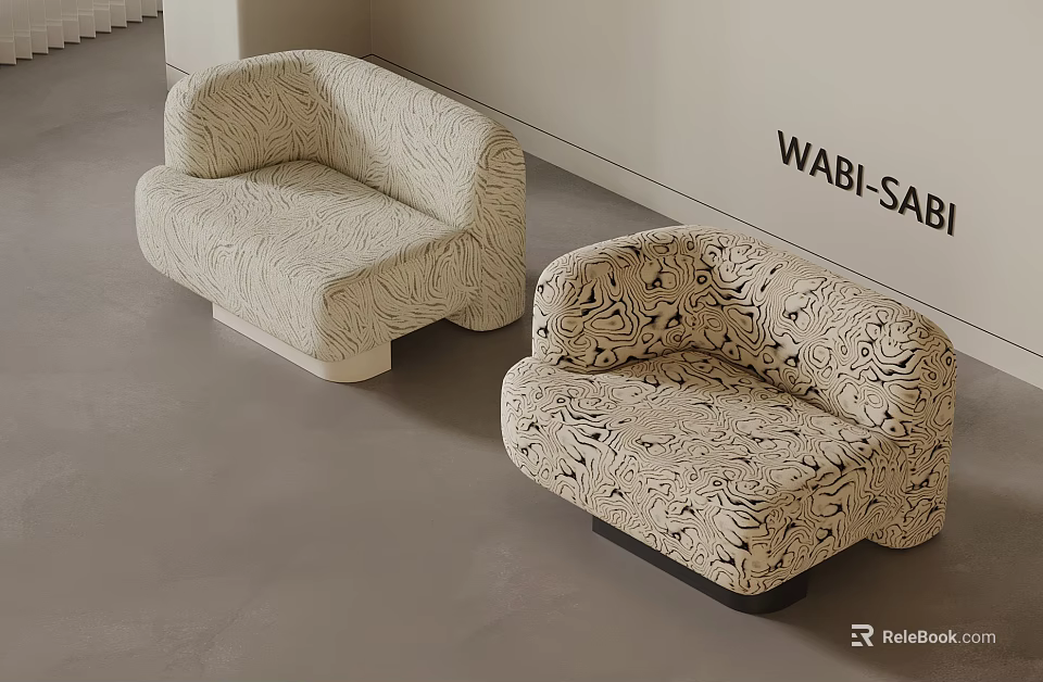 Modern Wabi Sabi Style Beige Single Sofa With Black Patterned Upholstery 3d model