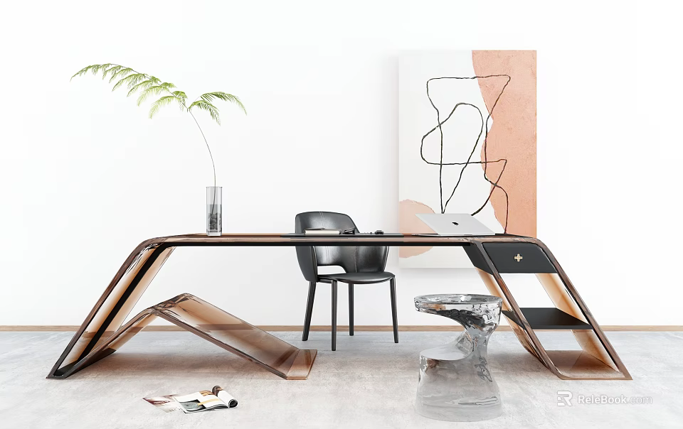 Modern Designer Desk With Black Chair Potted Plant And Abstract Wall Art 3d model 