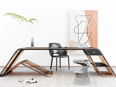 Modern Designer Desk With Black Chair Potted Plant And Abstract Wall Art 3d model