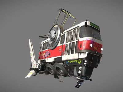 Futuristic Red And White Suspension Vehicle With Graffiti And Propulsion Wheels 3d model