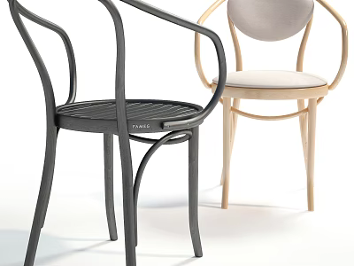 Modern Armchairs Featuring Black Metal Frame Mesh Seat and Light Wood Frame Padded Seat 3d model