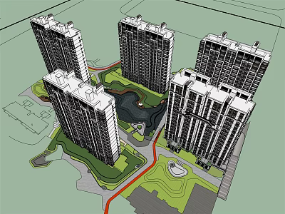 Five High Rise Residential Buildings With Central Green Space And Small Lake 3d model