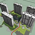 Five High Rise Residential Buildings With Central Green Space And Small Lake