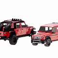 Red Off Road SUV and Pickup Truck with Modified Roof Lights and Large Tires