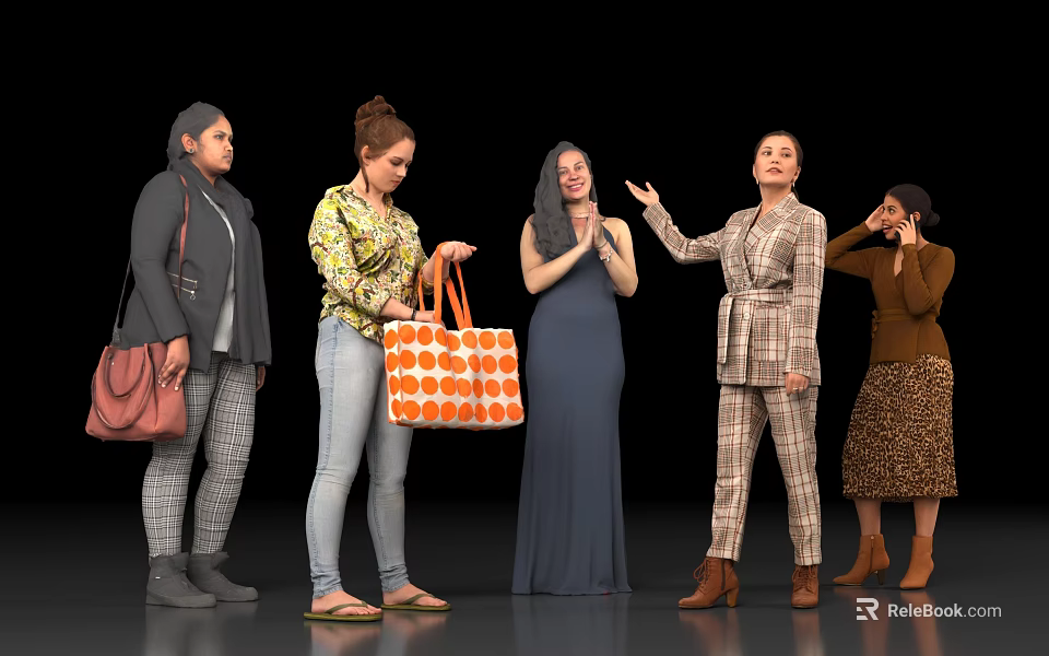 Group of Women Standing Together Interacting In Different Outfits With Handbags On Black Background 3d model 