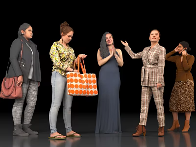 Group of Women Standing Together Interacting In Different Outfits With Handbags On Black Background 3d model