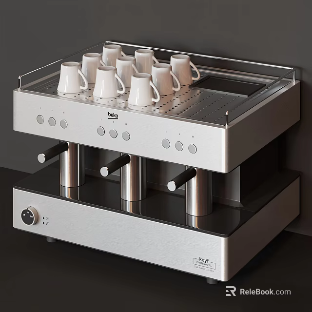 Sleek Modern Stainless Steel Coffee Machine With Drip Tray Holding White Cups 3d model 