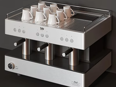 Sleek Modern Stainless Steel Coffee Machine With Drip Tray Holding White Cups 3d model