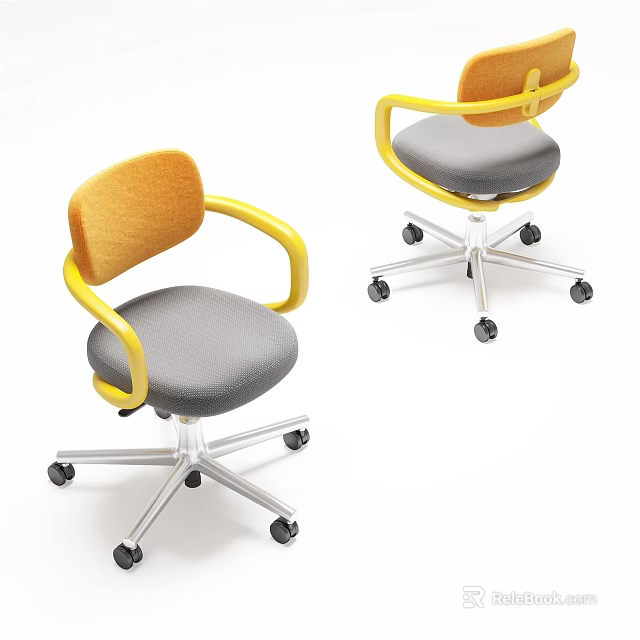 Modern Office Chair With Yellow Armrests Backrest Gray Seat Cushion And Wheeled Metal Base 3d model 