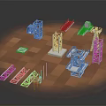 White Furniture Component Models With Structural Towers And Platforms On Brown Checkered Floor