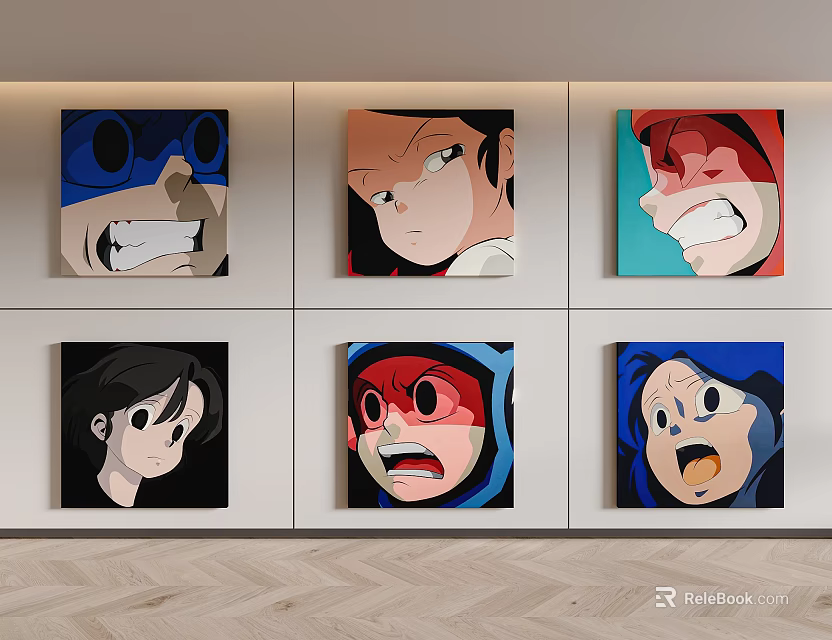 Six Colorful Anime Character Artworks With Expressive Faces On Wall 3d model 