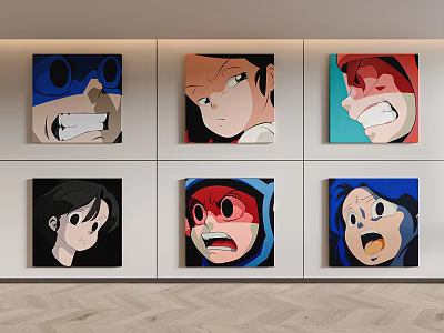 Six Colorful Anime Character Artworks With Expressive Faces On Wall 3d model