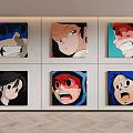 Six Colorful Anime Character Artworks With Expressive Faces On Wall