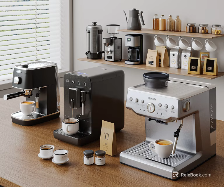 Stylish Kitchen Espresso Machines In Various Styles With Small Cups Coffee Jars And Shelf Items 3d model 
