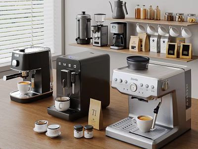 Stylish Kitchen Espresso Machines In Various Styles With Small Cups Coffee Jars And Shelf Items 3d model