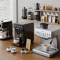 Stylish Kitchen Espresso Machines In Various Styles With Small Cups Coffee Jars And Shelf Items