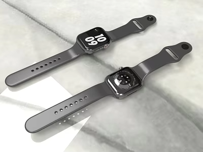 Two Black Smartwatches With Square Dials And Black Straps On Marble Surface 3d model