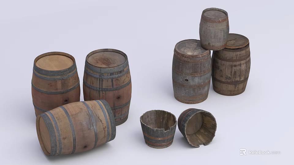 Vintage Wooden Barrels In Various Sizes With Stacked And Single Arrangements 3d model 