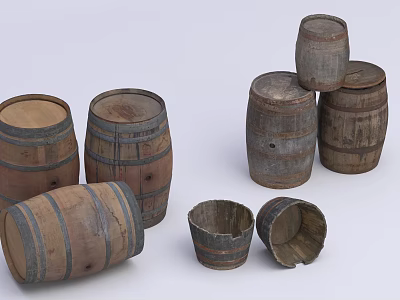 Vintage Wooden Barrels In Various Sizes With Stacked And Single Arrangements 3d model