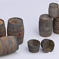 Vintage Wooden Barrels In Various Sizes With Stacked And Single Arrangements