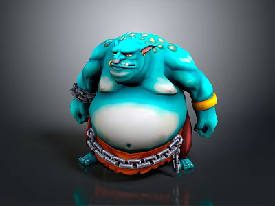 3D Creature Character Model With Blue Skin Green Spots Fierce Expression Chain And Yellow Wristband 3d model