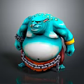 3D Creature Character Model With Blue Skin Green Spots Fierce Expression Chain And Yellow Wristband