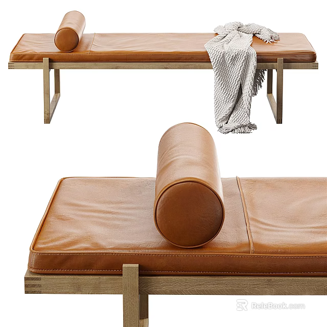 Elegant Brown Leather Wooden Bench With Cylindrical Cushion And Gray Blanket 3d model 