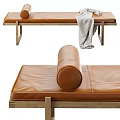 Elegant Brown Leather Wooden Bench With Cylindrical Cushion And Gray Blanket