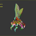 Orange Mechanical Creature With Spider Like Legs And Green Leaf Like Structures On Back 3d model