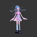 Colorful Game Character With Blue Braids Pink Top And Patterned Skirt Surrounded By Sparkling Stars