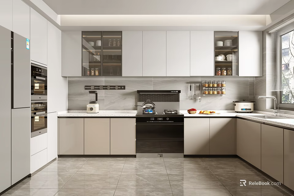 Modern Kitchen Interior Design With Glass Door Cabinets Marble Countertop And Appliances 3d model 