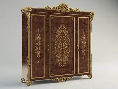 Classic Wooden Wardrobe Design With Ornate Gold Carvings And Intricate Patterns 3d model