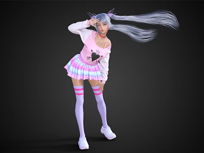 Woman With Cat Ears Silver Gray Long Pigtails In Pink Top Plaid Skirt White Socks 3d model