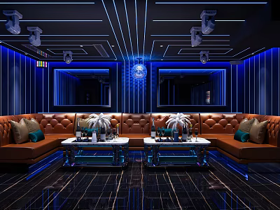 Luxurious KTV Lounge Interior With Blue Lighting Brown Sofas And Mirrored Walls 3d model