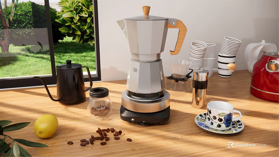 Modern Stovetop Coffee Maker as Essential Kitchen Appliance with Coffee Beans Cups and Accessories 3d model 