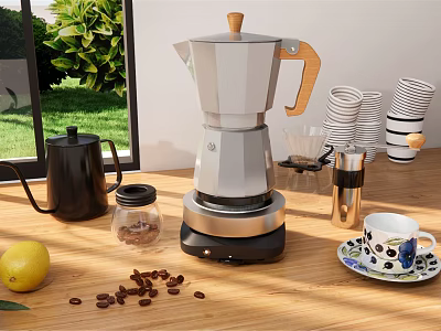 Modern Stovetop Coffee Maker as Essential Kitchen Appliance with Coffee Beans Cups and Accessories 3d model