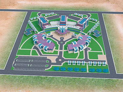 Aerial View Plan of Modern Building Complex with Green Lawns Parking Lots and Road Layout 3d model