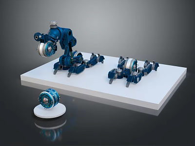 Blue Mechanical Robot Game Movie Character With Multiple Components And Circular Part On White Platform 3d model